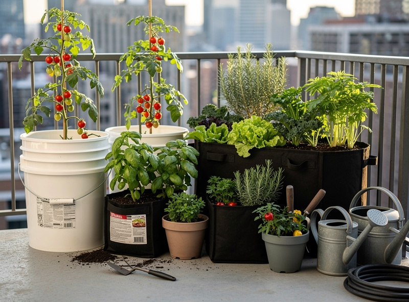 Urban balcony with various container sizes arranged for optimal growing, including buckets, grow bags, and plastic pots
