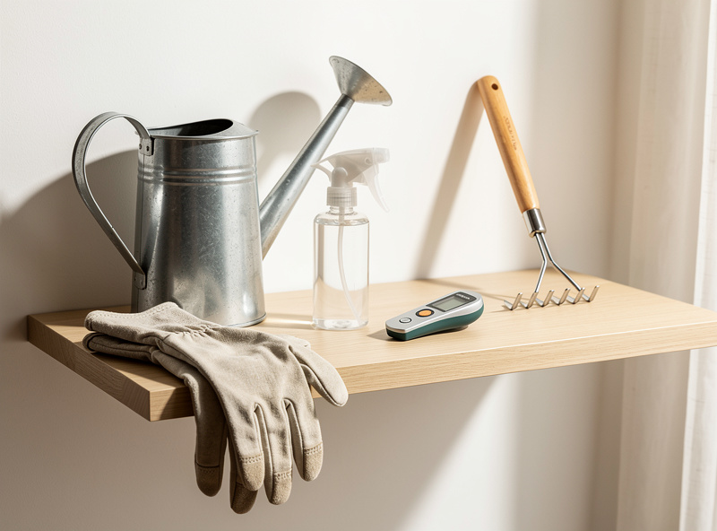 Urban gardening tools organized on a shelf including watering can, gloves, spray bottle, moisture meter, and hand rake