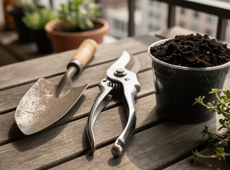 Close-up of stainless steel hand trowel and pruning shears next to a container with fresh potting soil