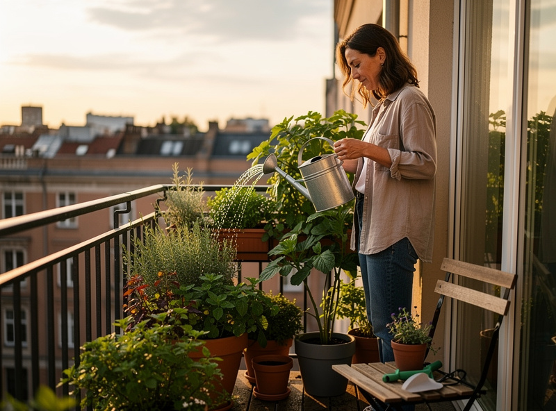Urban gardener watering container plants on a small apartment balcony with city buildings in the background