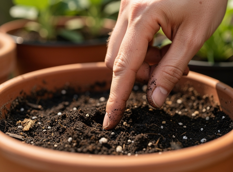 Close-up of hand demonstrating the finger test for checking soil moisture in a container garden