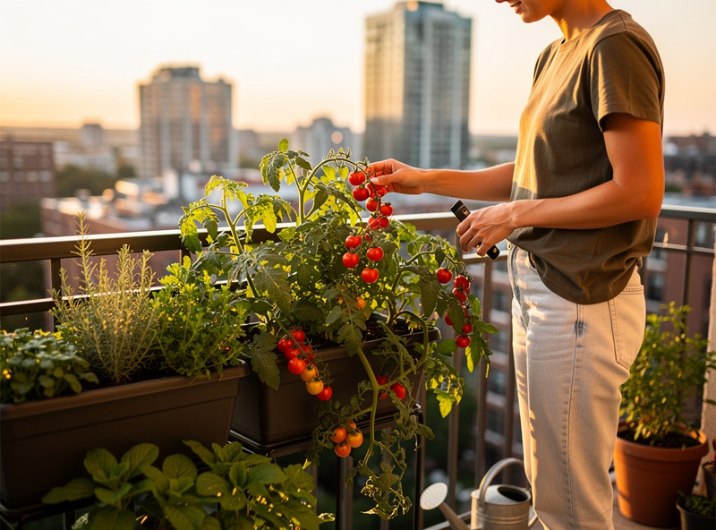 Urban gardener harvesting cherry tomatoes from a balcony container garden with city skyline in background