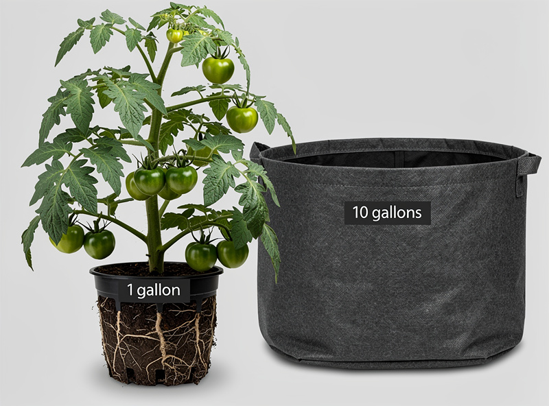 Tomato plant in a tiny pot vs a large pot