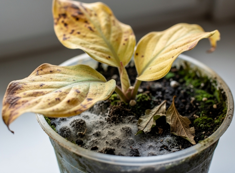 Overwatered plant with yellow leaves and moldy soil