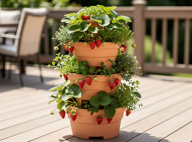 Stackable tower garden with strawberries and herbs growing from multiple levels