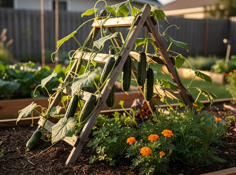 Cucumber vines climbing a wooden A-frame trellis with ripe cucumbers hanging