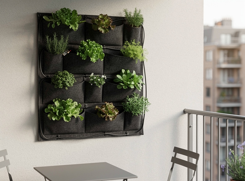 Wall-mounted felt pocket planter filled with herbs and lettuce on a patio wall