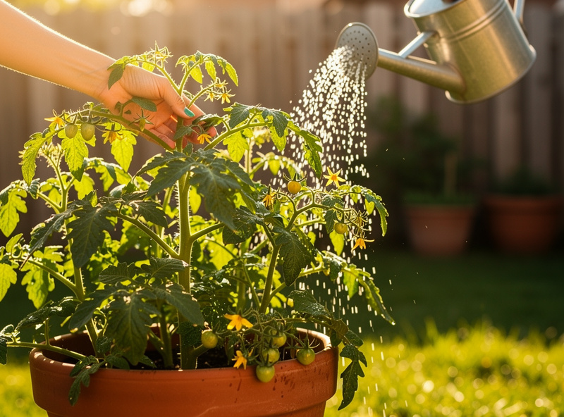 Watering a large terracotta pot with healthy tomato plants
