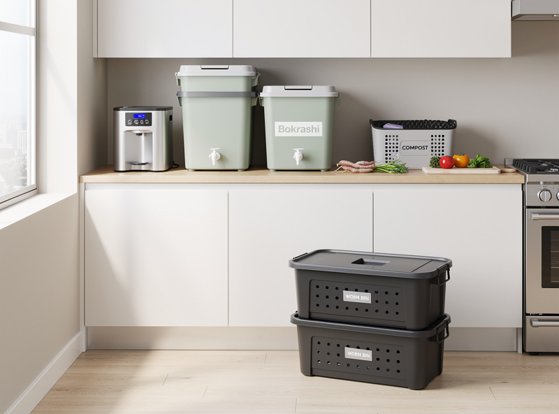 A small apartment kitchen showing four composting methods side by side - under-sink worm bin, sealed bokashi bucket, countertop electric composter, and a freezer bag of food scraps for municipal drop-off.