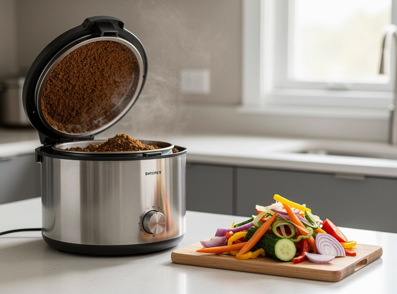 A countertop electric composter on an apartment kitchen counter with the lid open showing dehydrated brown ground food residue inside, next to a fresh batch of vegetable peels waiting to be added.