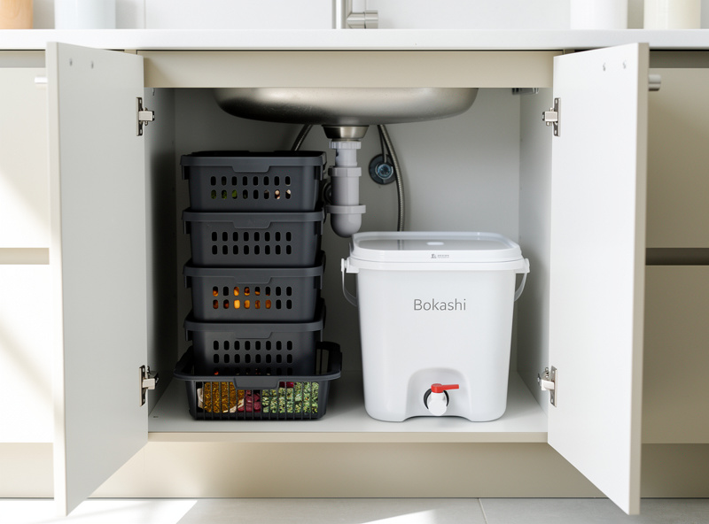 A neat under-sink cabinet showing both a stacked-tray worm bin on the left and a bokashi fermentation bucket on the right side by side with the cabinet door open showing a clean organized two-system apartment composting setup.