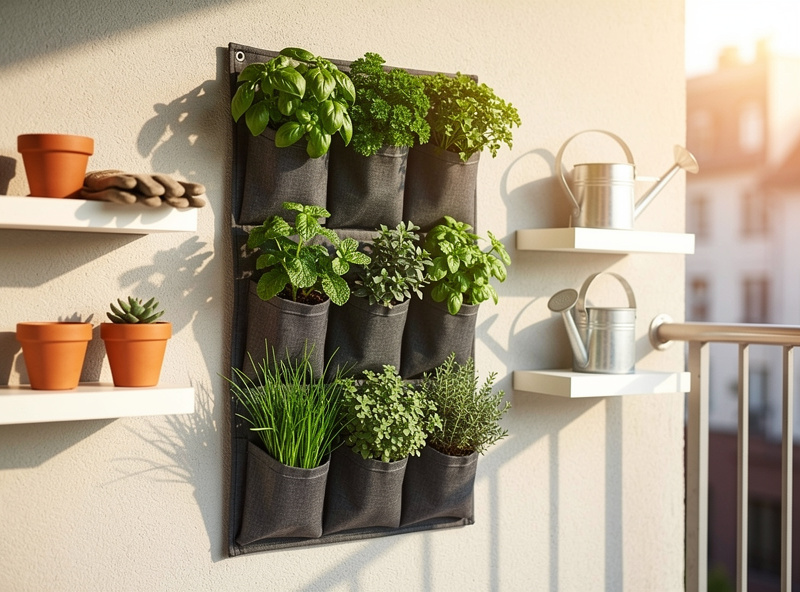 A wall-mounted vertical pocket planter with multiple fresh herbs including basil parsley mint chives and oregano on a sunny apartment balcony