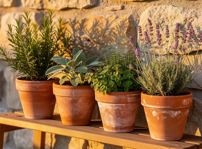 A Mediterranean herb garden on a sunny balcony with rosemary sage thyme and oregano in matching terracotta pots