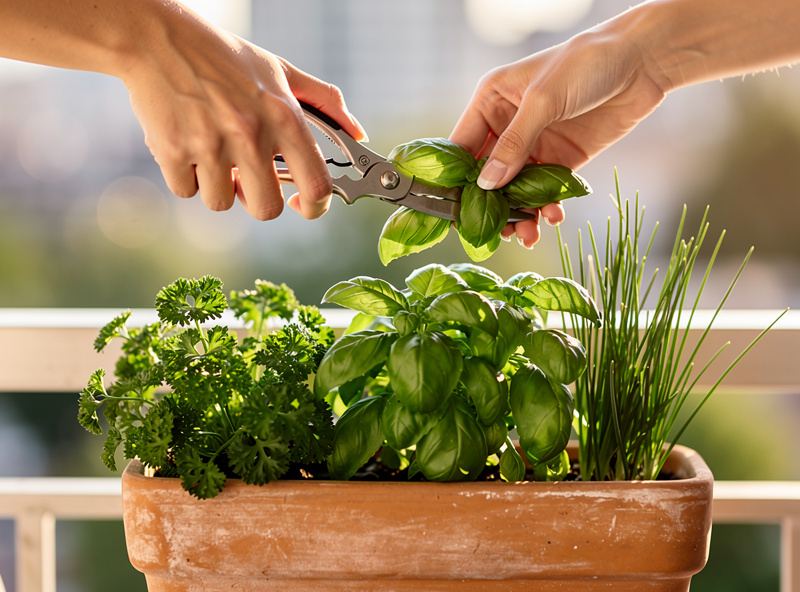 Hands trimming fresh basil leaves with garden snips above a small terracotta pot on a sunny balcony railing