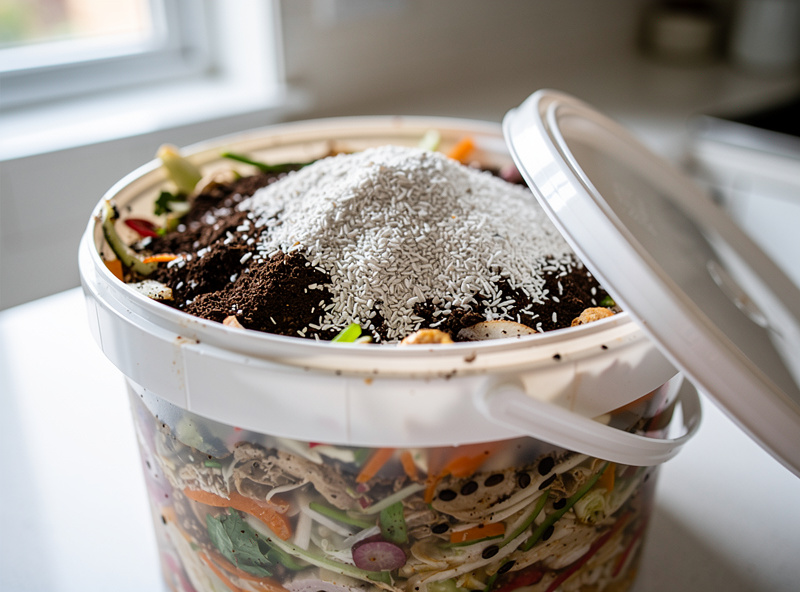 Bokashi fermentation bucket on an apartment kitchen counter with the lid lifted to show layered food scraps with white bokashi bran sprinkled across the surface.
