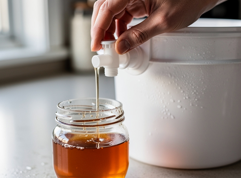 Close-up of a hand draining bokashi tea from the spigot of a sealed fermentation bucket into a small glass jar showing the cloudy amber liquid produced during fermentation.