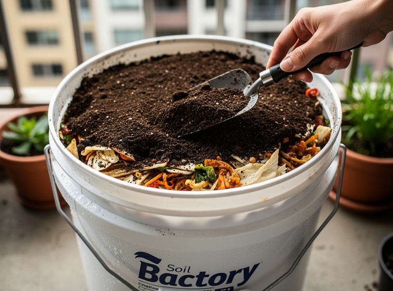 A finished batch of bokashi being layered with garden soil into a 5-gallon soil factory bucket on an apartment balcony, showing the indoor finishing process for renters without yard access.