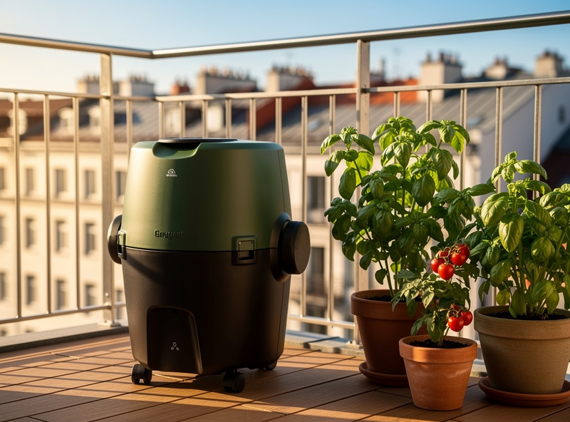 A compact dual-chamber compost tumbler positioned on a small urban balcony next to potted herbs and a few container vegetables, late afternoon light.