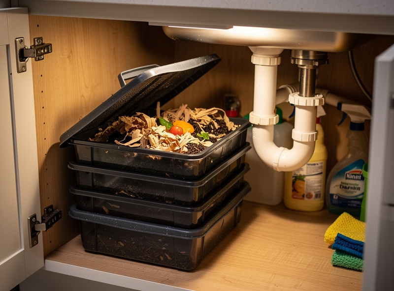 A stacked-tray worm composting bin tucked into an under-sink kitchen cabinet next to plumbing pipes, with the lid lifted to show fresh shredded paper bedding inside.