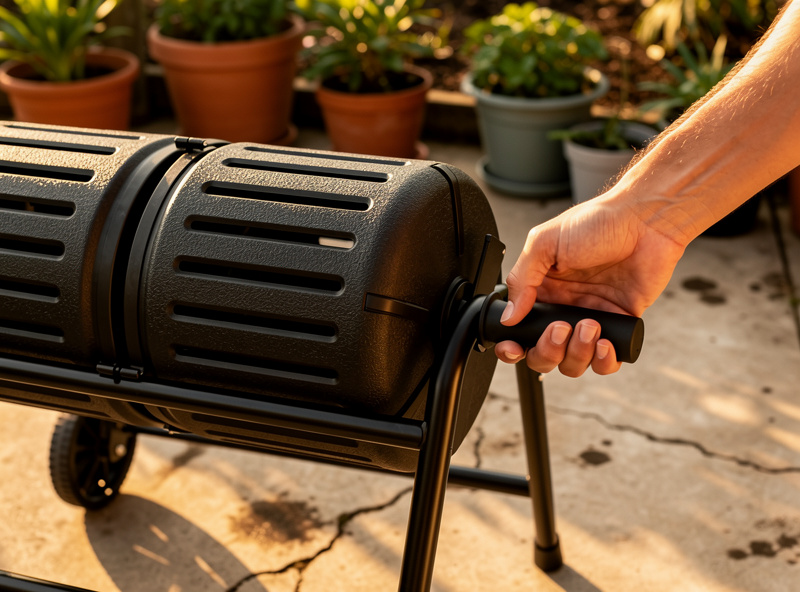 Close-up of a hand turning the crank handle on a horizontal-axis dual-chamber compost tumbler positioned on a small concrete patio with potted plants in the background.
