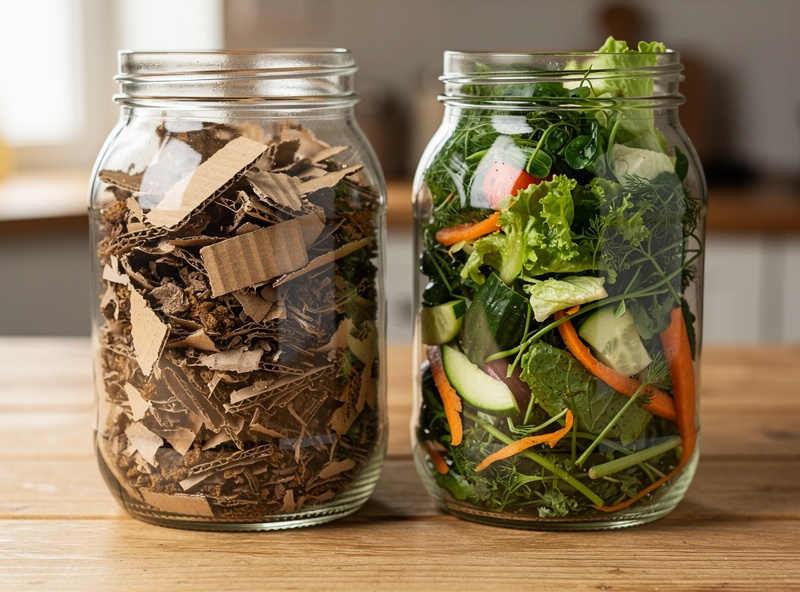 Visual breakdown showing measured equal-volume scoops of brown autumn leaves and green vegetable scraps lined up on a workbench to illustrate the carbon-to-nitrogen ratio.