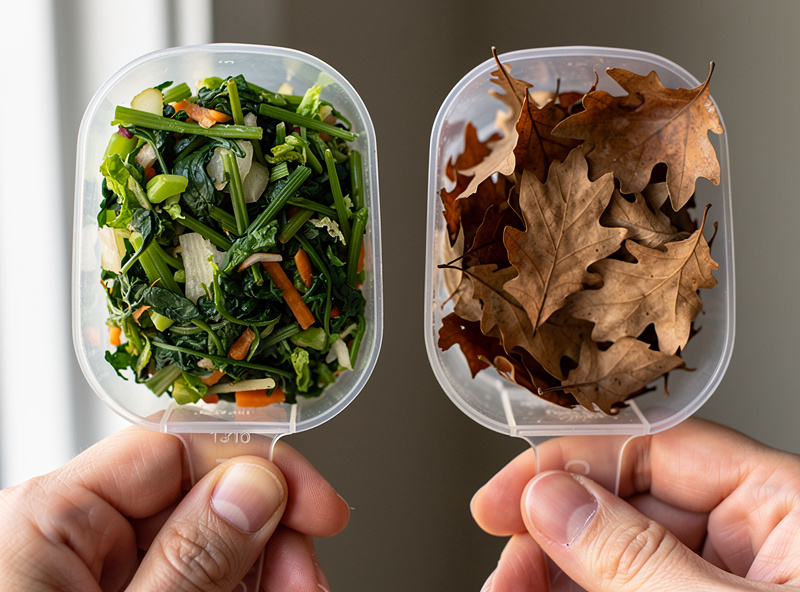 Close-up of a composter holding a clear measuring scoop showing the visual difference between dense compacted green vegetable scraps and fluffy dry brown leaves at the same volume.