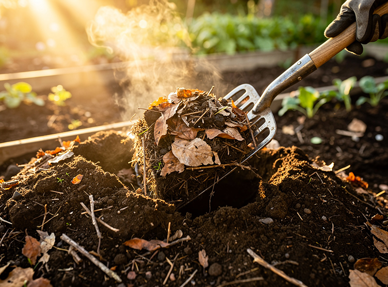 Photograph of a finished compost pile being turned with a pitchfork showing dark crumbly humus layered with partially decomposed brown leaves indicating proper carbon nitrogen balance.