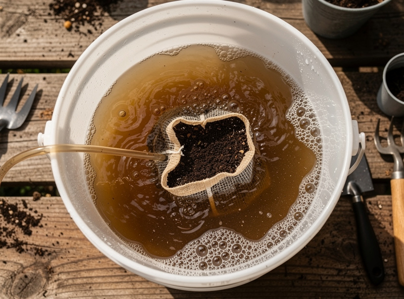 Five-gallon bucket setup for brewing compost tea showing aquarium air pump, airstones, mesh bag of compost steeping in water, and a jar of unsulfured molasses on a workbench.