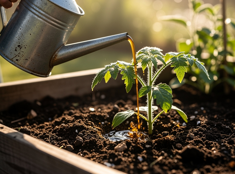 Photograph of a hand pouring freshly brewed amber compost tea from a watering can onto the base of a tomato seedling in a raised vegetable garden bed in early morning light.