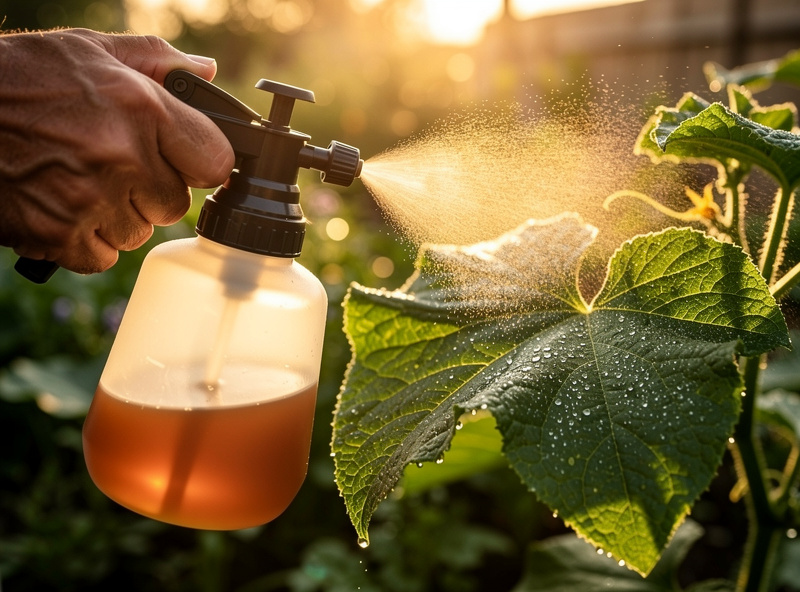 Gardener using a pump-spray bottle to apply diluted compost tea as a foliar spray onto cucumber leaves in early morning light, with visible spray droplets clinging to the foliage.
