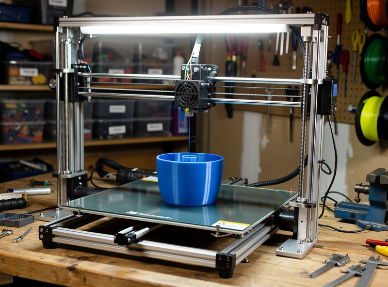 Desktop 3D printer printing a self-watering planter component in blue PETG filament