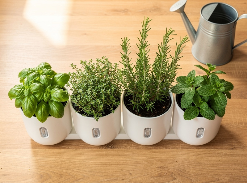 Top-down view of four self-watering kitchen herb planters with basil, thyme, mint, and parsley