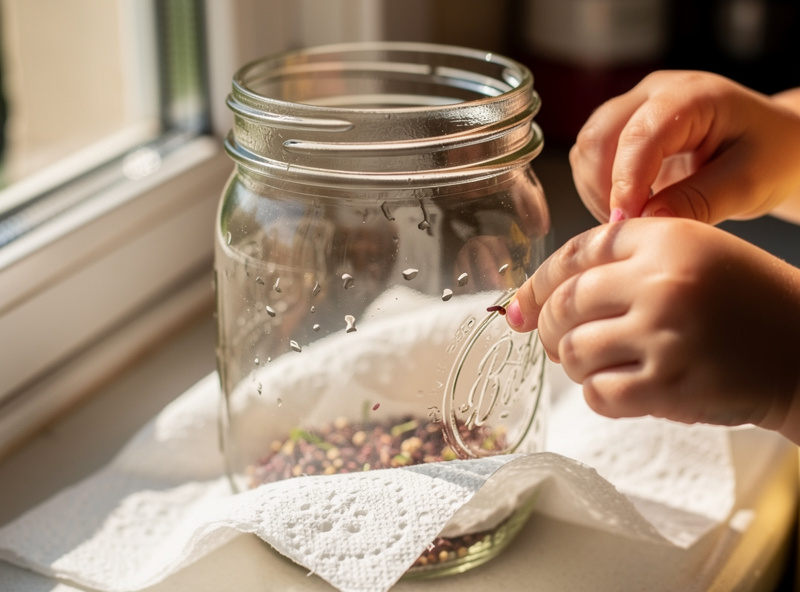 A child's hands placing radish seeds on a moist paper towel inside a clear glass mason jar on a sunlit kitchen window