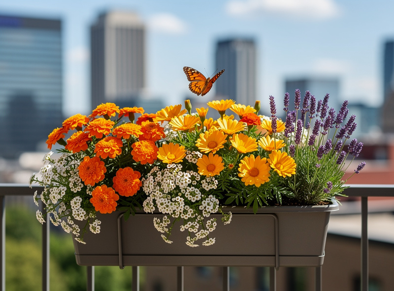 A vibrant pollinator window box on an apartment railing filled with marigolds, calendula, alyssum, and lavender