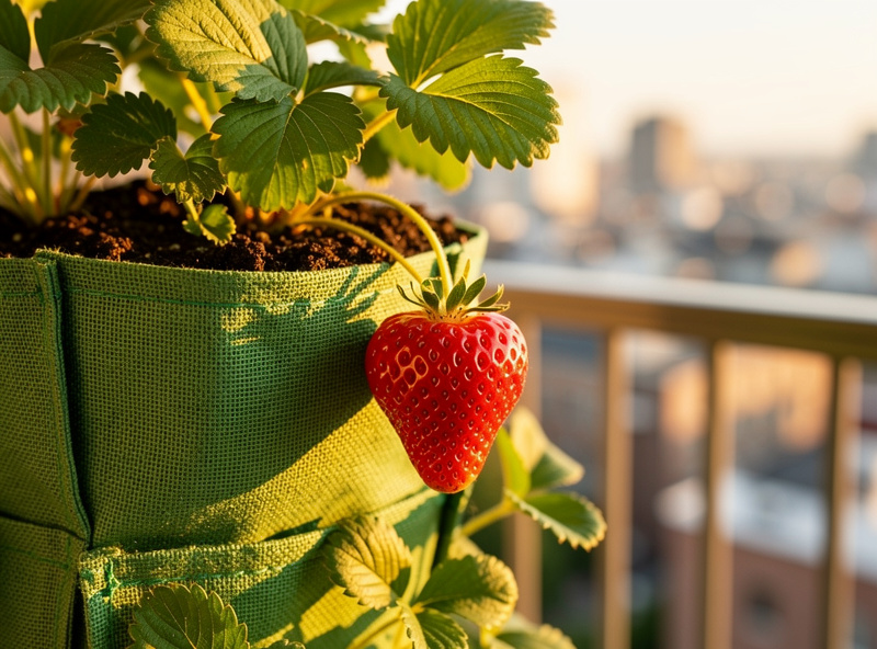 A green and ripe strawberry growing in a vertical strawberry tower made from stacked fabric pockets on a balcony with late afternoon sun