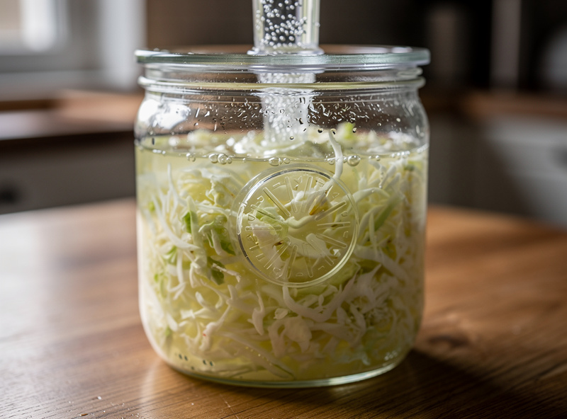 Glass fermentation jar filled with sauerkraut submerged under brine with a glass weight and airlock on a kitchen counter