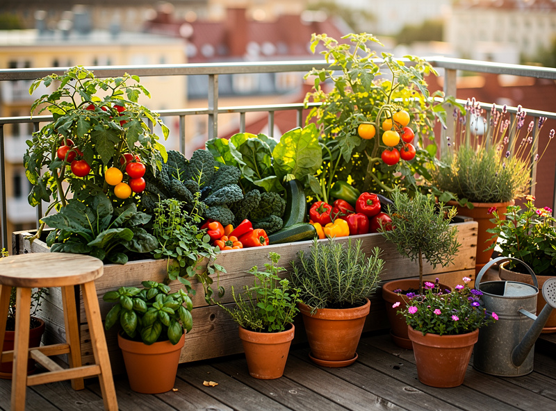 Small urban garden with raised beds overflowing with vegetables ready for harvest in late summer