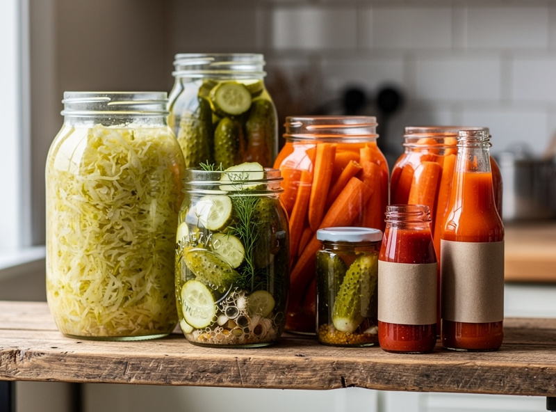 Array of finished fermented foods in glass jars on a kitchen shelf showing sauerkraut pickles and hot sauce