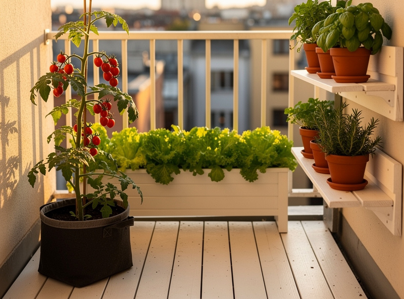 A productive city balcony garden with cherry tomato in fabric grow bag, lettuce in window box, and herbs in terracotta pots on white wood shelves