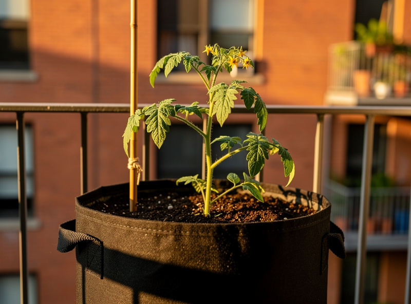 A 5-gallon fabric grow bag with a young cherry tomato plant being supported by a small bamboo stake on a sunny city balcony
