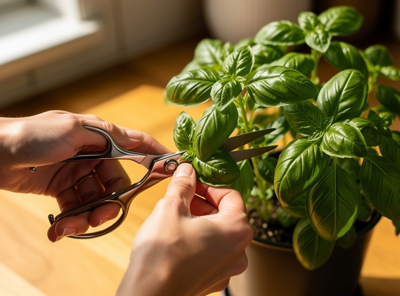 Hands using kitchen scissors to harvest fresh basil leaves from a healthy potted plant