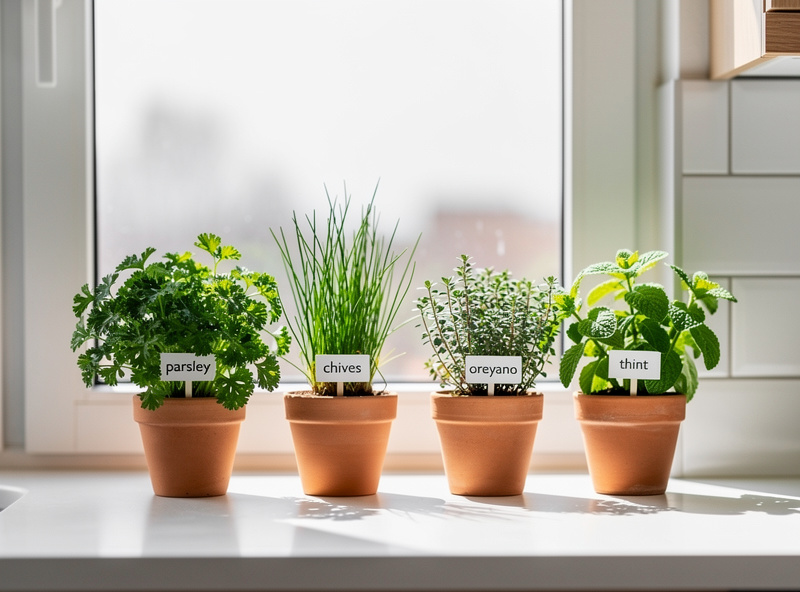 Five terracotta pots on a kitchen windowsill growing parsley, chives, oregano, thyme, and mint