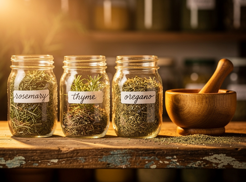 Glass mason jars of dried rosemary, thyme, oregano, and sage on a wooden shelf with mortar and pestle