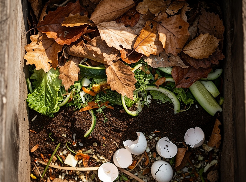 Layered compost pile in a wooden three-bin system showing brown autumn leaves on top of green vegetable scraps and coffee grounds.