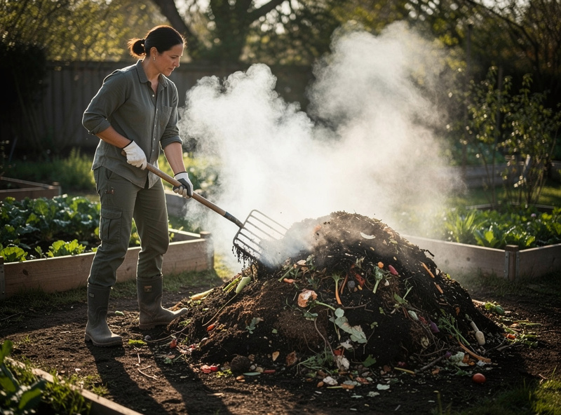 Gardener turning a steaming hot compost pile with a pitchfork, visible water vapor rising from the active thermophilic core in early morning light.