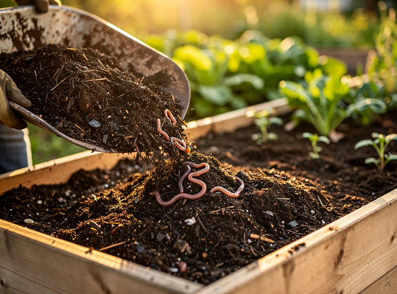 Finished dark crumbly compost being scooped into a wheelbarrow next to a raised vegetable garden bed, showing rich humus texture and earthworm activity.