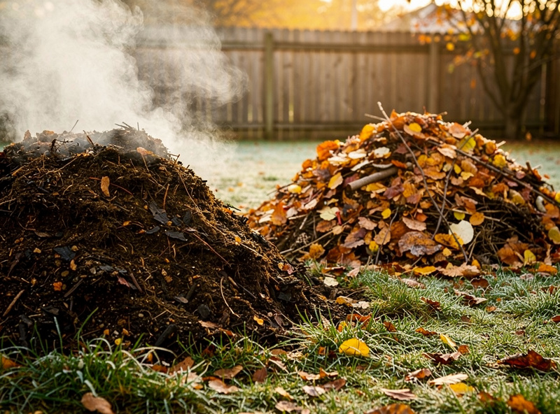 Side-by-side comparison view of an active steaming hot compost pile next to a slow-decomposing cold pile under a tarp in the same backyard, showing the visual difference in activity.