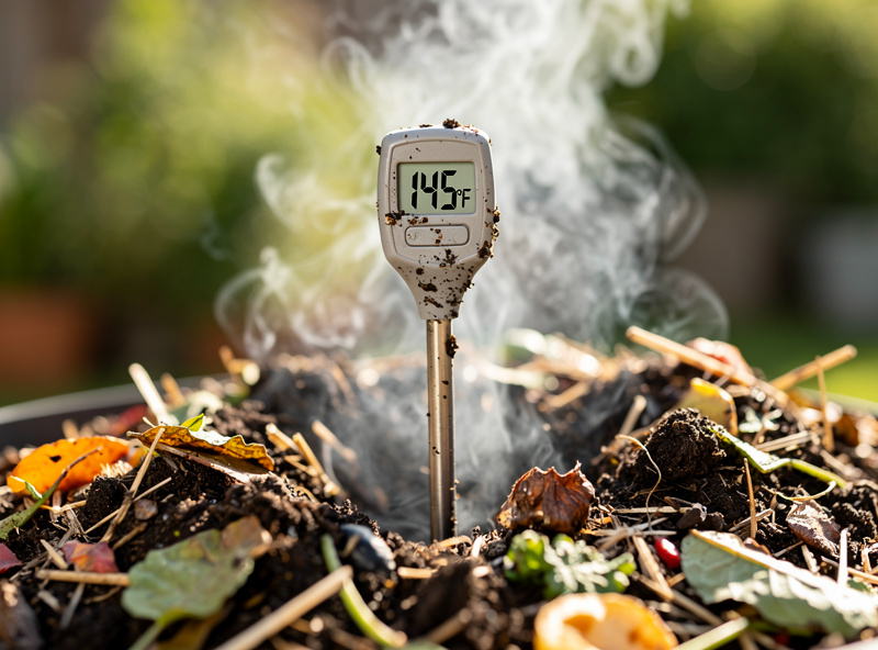 Photograph of a digital compost thermometer probe inserted into the center of a hot compost pile reading 145 degrees Fahrenheit, with steam rising visibly from the pile surface.