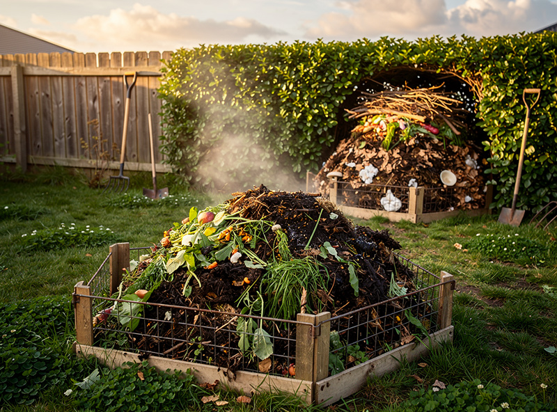 Backyard scene showing a working active hot compost pile in the foreground next to a quiet cold compost pile partially hidden behind a hedge, both with visible decomposition stages.