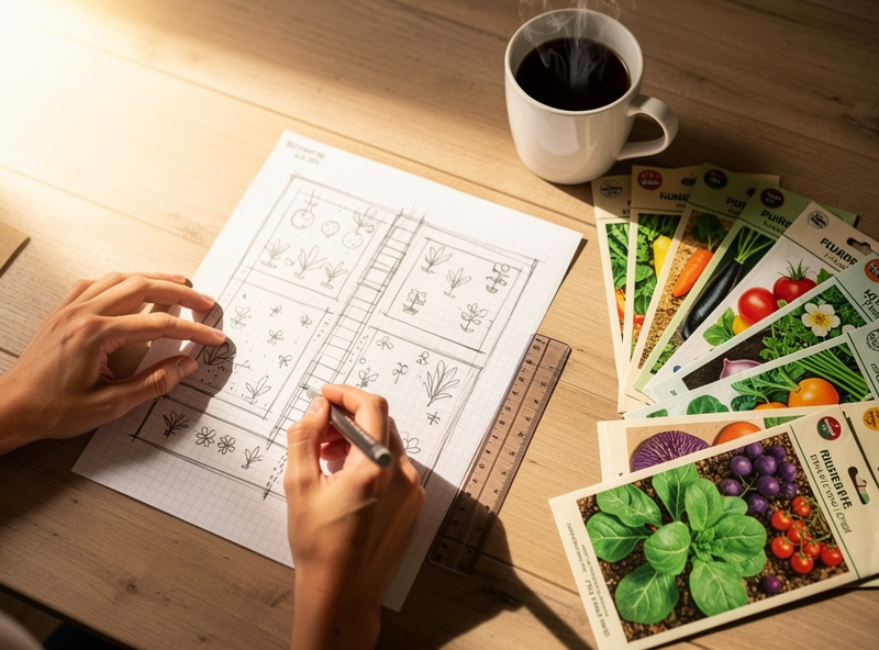 A pencil sketching a garden layout on graph paper next to seed packets and a measuring tape on a wooden table